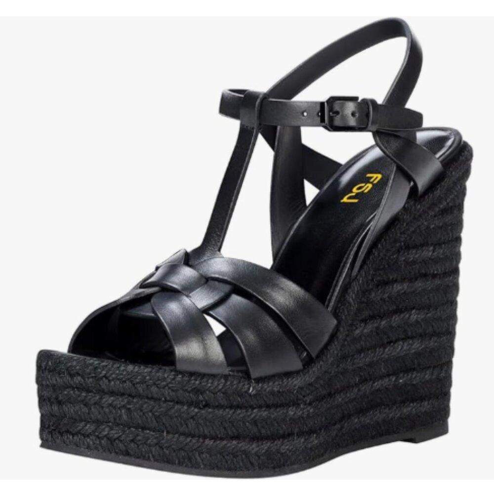 FSJ Black Open Toe Espadrille Platform Ankle Strap Wedge Woven Cutout Sandals
